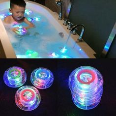 two pictures of a child in a bathtub with lights on the side and an open tub