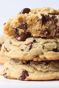 chocolate chip cookies stacked on top of each other