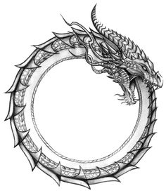 a black and white drawing of a dragon in the middle of a circle with leaves on it