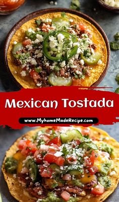 mexican tostada with tomatoes, jalapenos and other toppings on top