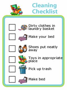 the cleaning checklist is shown in blue and green, with pictures of items on it