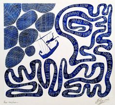 a blue and white painting with words written in different languages on the bottom half of it