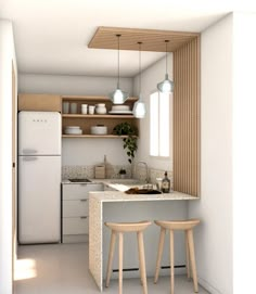 a small kitchen with two stools in front of the counter