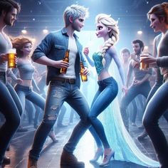 the frozen queen and prince are dancing in front of some other people with beer bottles