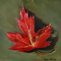 a painting of a red leaf on a green background