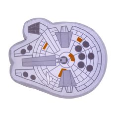 a white and orange sticker with an image of a spaceship in the middle of it