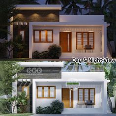 two different views of a house at night and day