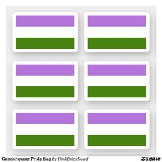 four purple and green rectangle stickers with the same color on each one side