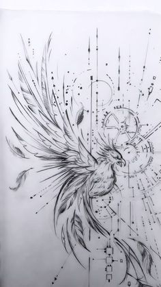 a black and white drawing of a bird with many lines on it's wings