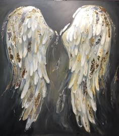 an oil painting of two white wings with gold flecks on black canvases