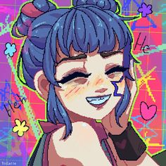 a digital painting of a woman with blue hair and piercings on her ears, smiling at the camera