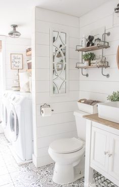 the instagram page shows an image of a bathroom with toilet, sink and washer