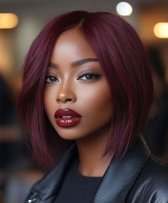 Embrace your inner confidence with a chic deep burgundy bob, the perfect fall colors to dye your hair for black women. This daring hair color is perfect for those who want to stand out and make a fashion-forward statement. The rich, wine-inspired hue complements all skin tones and adds instant glamour to any look. Click for our complete guide on achieving and rocking this bold color. #DeepBurgundyBobFallColors #FallHairColorForBlackWomen #ConfidentChicHairColor #FashionForwardHue #ComplimentaryShade #InstantGlamourBoost #TarajiPHensonApproved Wine Color Hair Black Women, Fall Hair Colors Dark Skin, Hair Dyes For Black Women, Magenta Hair Color On Black Women, Black Hairstyles Bob, Red Hair Color Black Women, Burgundy Bob Black Women, 99j Hair Color Black Women, Fall Hair Colors For Black Women