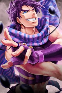 an anime character with purple hair and blue eyes is holding his hands out to the side