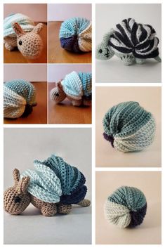 crocheted sea shells are shown in four different colors and sizes, along with the same pattern