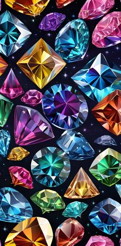 many different colored diamonds on a black background