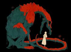 an illustration of a woman standing next to a giant monster with red and green paint on it's face