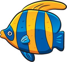 a blue and yellow striped fish on a white background