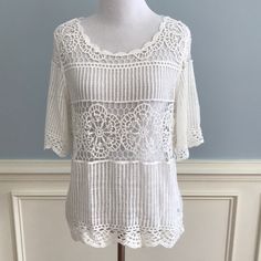 Beautiful White Crochet Tee By James Coviello For Anthropologie. 100% Cotton. No Trades, No Holds. Smoke Free Home. Spring Crochet Trim Crew Neck Knit Top, Spring Knit Top With Crochet Trim Crew Neck, Spring Crochet Trim Knit Top With Crew Neck, Crew Neck Knit Top With Crochet Lace, Knit Top With Crochet Lace Crew Neck, Crochet Lace Knit Top With Crew Neck, Stretch Lace Tops With Pointelle Knit, Knit Crochet Lace Top With Crew Neck, Beach Crew Neck Pointelle Knit Tops