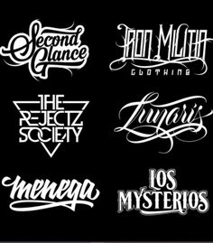 six different types of lettering in white on a black background, each with the same font