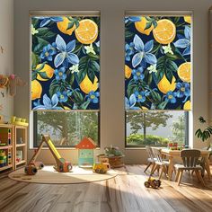 children's playroom with two large windows covered in blue and yellow fruit