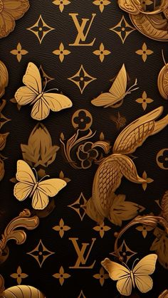 gold butterflies and monogrammed louis vuitton wallpaper with black leather background