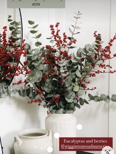 two vases with red berries and greenery in them on a table next to a white wall