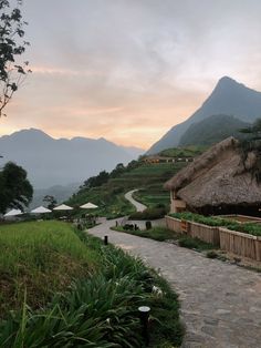 a pathway leading up to the top of a hill with thatched roof houses on it