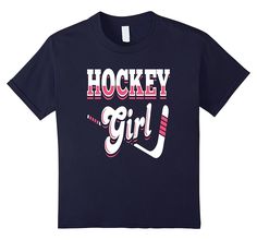 the hockey girl t - shirt is black with pink and white lettering on it's chest