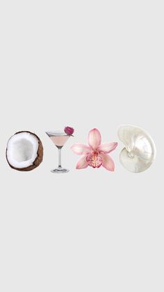 three cocktails, one with an orchid and the other with coconut