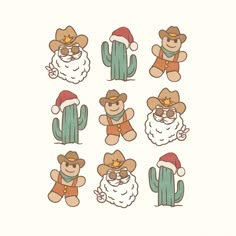 six cartoon animals wearing santa hats and cactuses