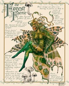 a green fairy sitting on top of a mushroom with her wings spread out and the words forest magic written below it