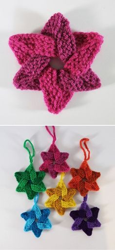 four crocheted stars are shown in different colors