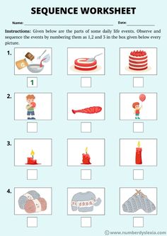 sequence worksheet for children to learn how to make a cake and other things