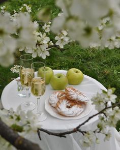 an apple pie and two glasses of wine on a white tablecloth in the garden