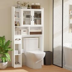 a white toilet sitting in a bathroom next to a shelf filled with books and other items