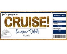 a cruise ticket with gold glitter on it