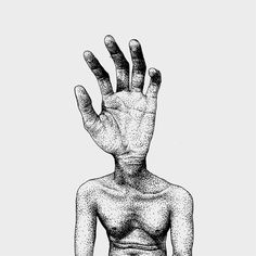 a person with their hand up in front of them, and the image is black and white