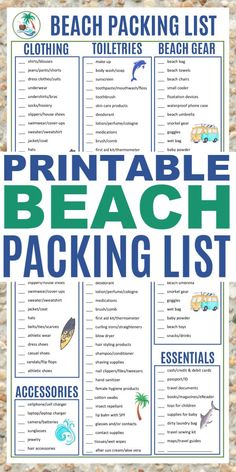 the printable beach packing list is shown in blue, green and white with an ocean theme