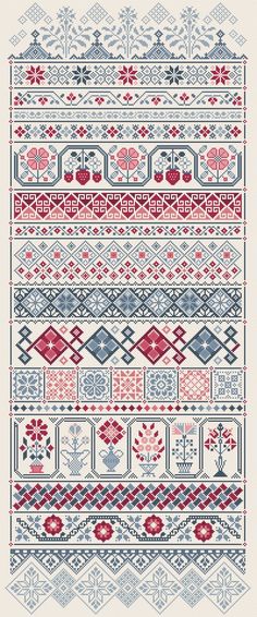 a cross stitch pattern with red, white and blue designs on the bottom half of it