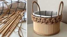 two pictures side by side one has a basket and the other has sticks in it