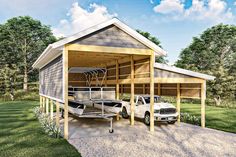 two cars are parked in front of a carport and attached to a shed with the roof open