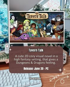 an advertisement for tavern talk on a computer screen with cartoon characters in front of it