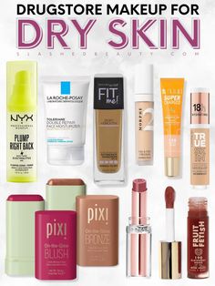 Try this drugstore makeup for dry skin this fall and winter for comfortable and smooth wear! | Slashed Beauty Makeup Products For Dry Skin Faces, Best Drugstore Makeup For Dry Skin, Makeup On Dry Skin, Drugstore Makeup For Dry Skin, Drugstore Skincare Routine For Dry Skin, Best Makeup For Dry Skin, Best Drugstore Makeup 2024, Dry Skin Makeup Products, Makeup For Dry Skin Tips