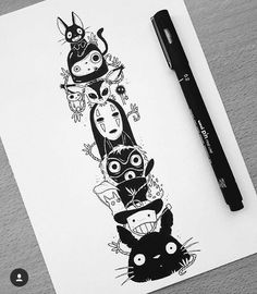 a pen and some ink on paper with an image of five different cartoon characters lined up in the same row