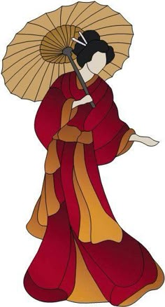 a woman in a red and yellow kimono holding an umbrella