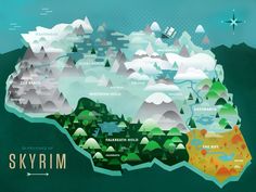 an illustrated map of the skyrim region, with mountains and lakes on it's sides