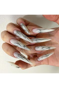 Stiletto Halloween Press on Nails Long Fake Nails White Full Cover Acrylic Nails Silver Flame Charming Nails Set French Tips Glue on Nails DIY Reusable Manicure for Women and Girls 24 PCS Long Fake Nails, Fake Nails White, Nails Silver, Nails Set, Nails White, Nails Diy