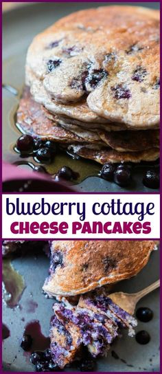 blueberry cottage cheese pancakes are stacked on top of each other