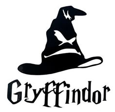 a black and white image of a hat with the word gyffindor on it